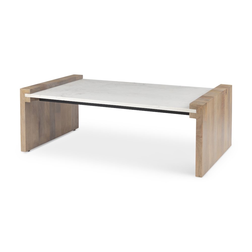 48.0L X 28.0W X 16.0H Light Brown Wood And White Marble Coffee Table. Picture 1