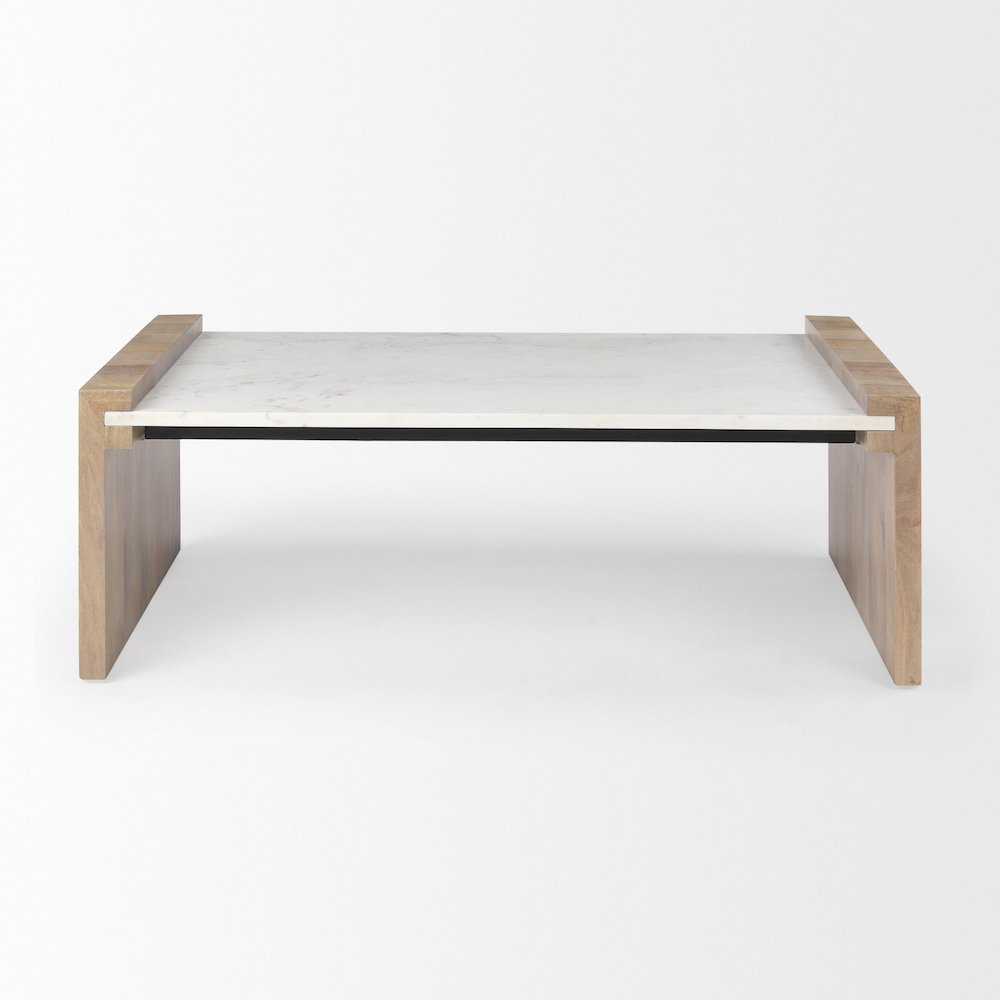 48.0L X 28.0W X 16.0H Light Brown Wood And White Marble Coffee Table. Picture 3