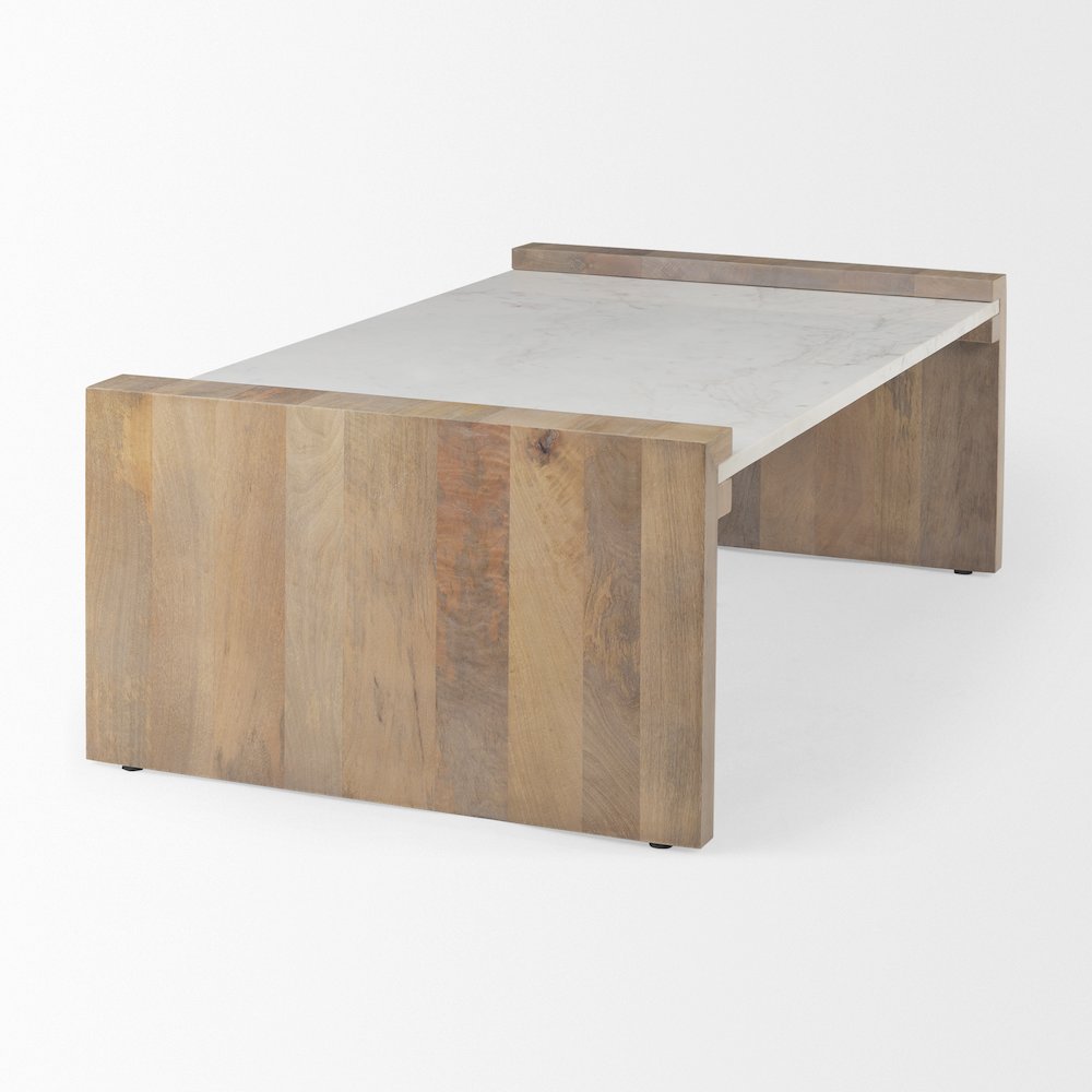 48.0L X 28.0W X 16.0H Light Brown Wood And White Marble Coffee Table. Picture 5
