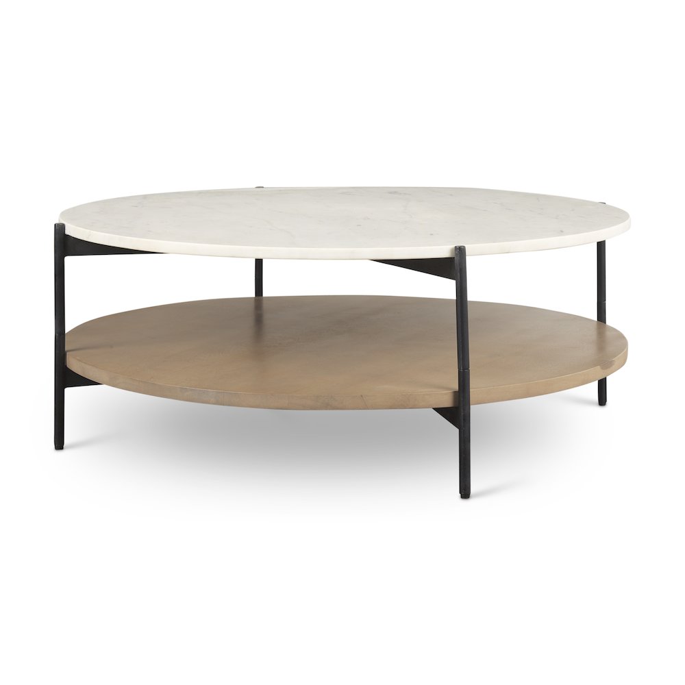 Marble Top Brown Wood Shelf Round Coffee Table. Picture 1