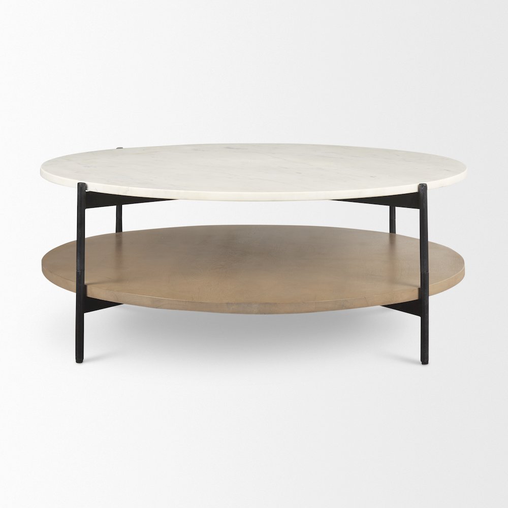 Marble Top Brown Wood Shelf Round Coffee Table. Picture 2