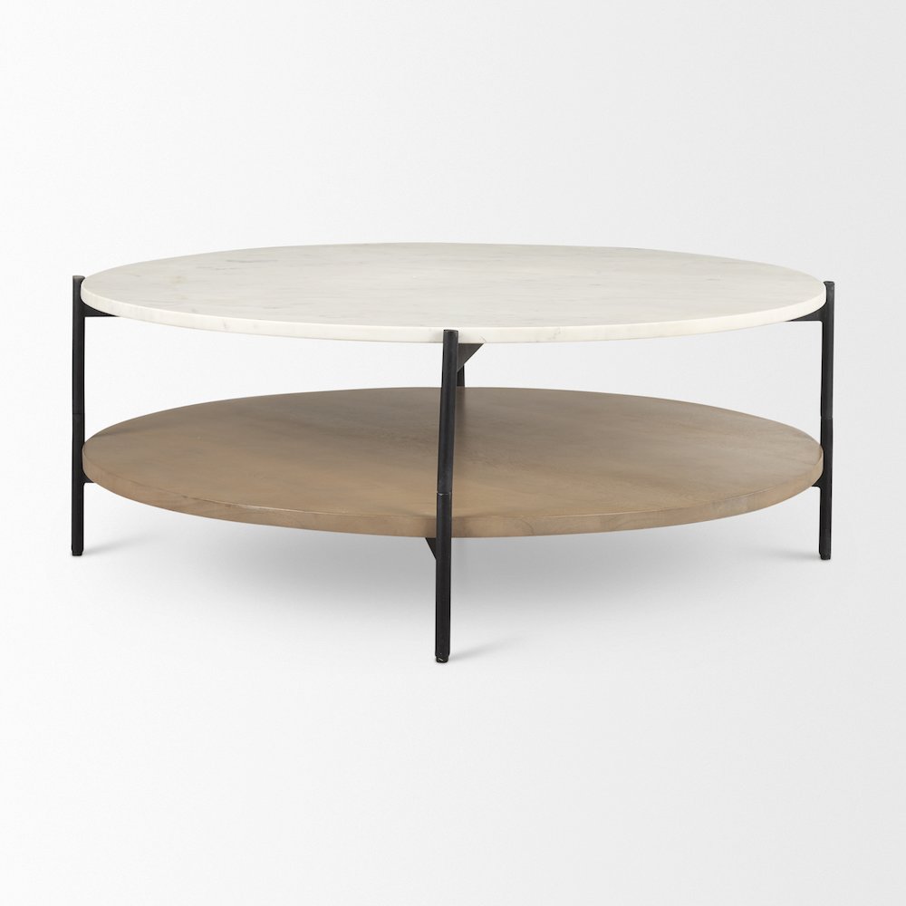 Marble Top Brown Wood Shelf Round Coffee Table. Picture 3