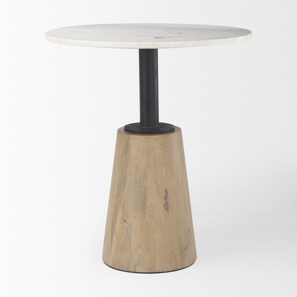 Round Marble Tabletop Blonde Wood & Black Metal Accent Pedestal Bistro Table. Picture 3
