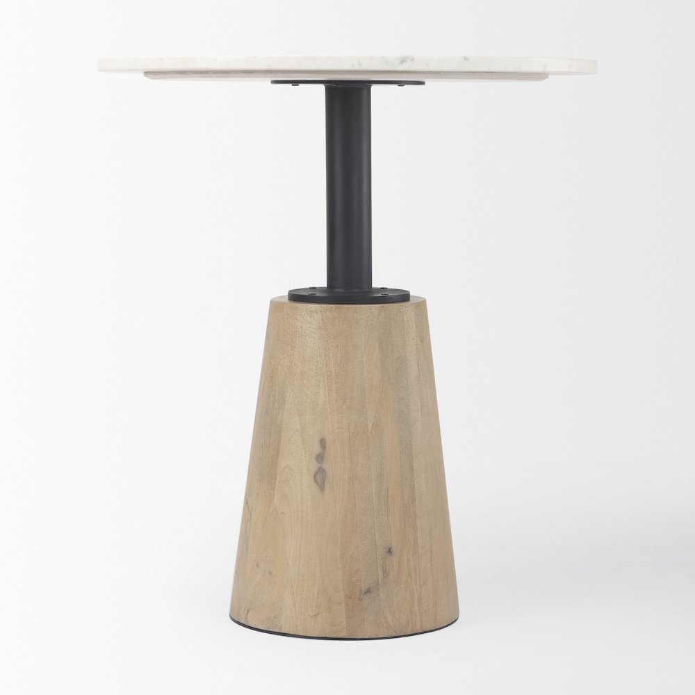 Round Marble Tabletop Blonde Wood & Black Metal Accent Pedestal Bistro Table. Picture 4
