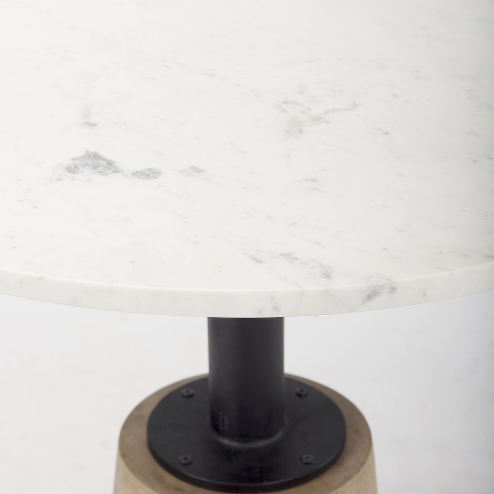 Round Marble Tabletop Blonde Wood & Black Metal Accent Pedestal Bistro Table. Picture 5