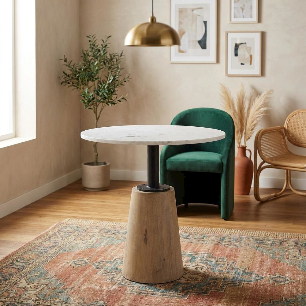 Round marble tabletop with blonde wood and black metal base bistro table. Picture 3