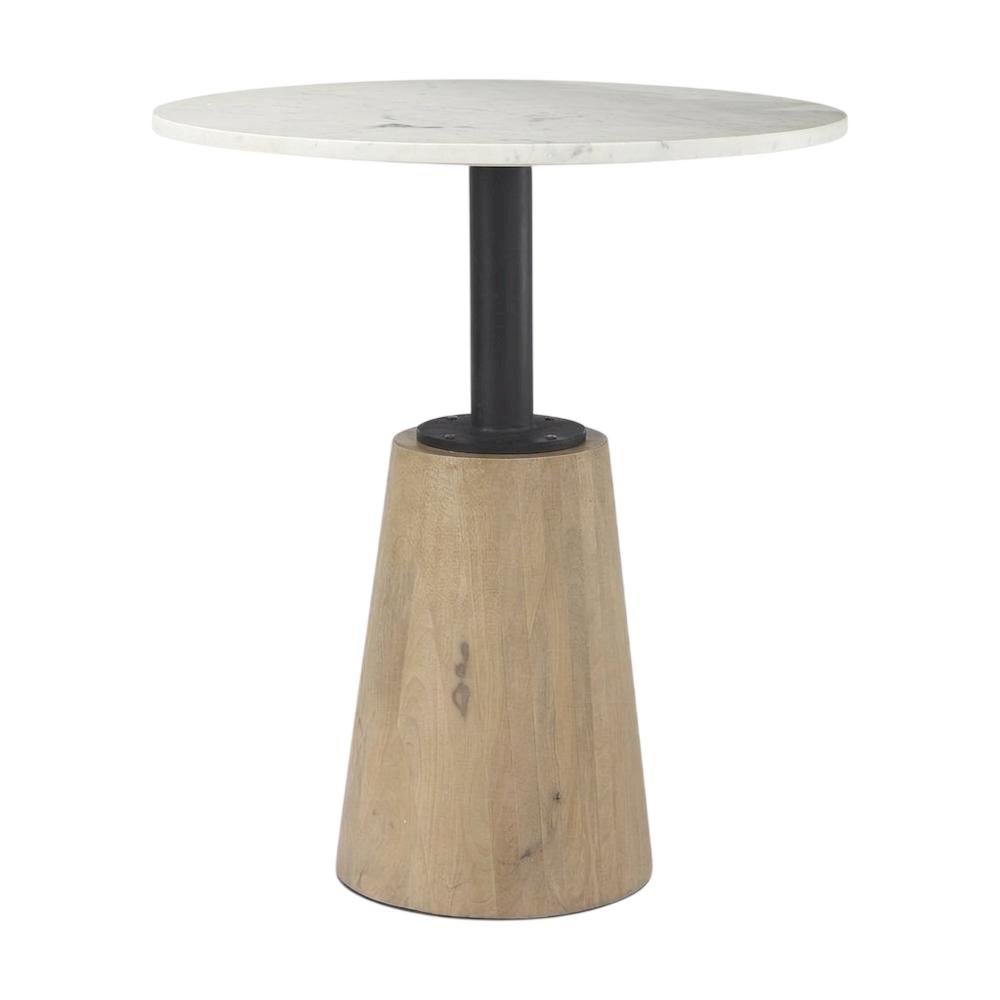 Round marble tabletop with blonde wood and black metal base bistro table. Picture 1