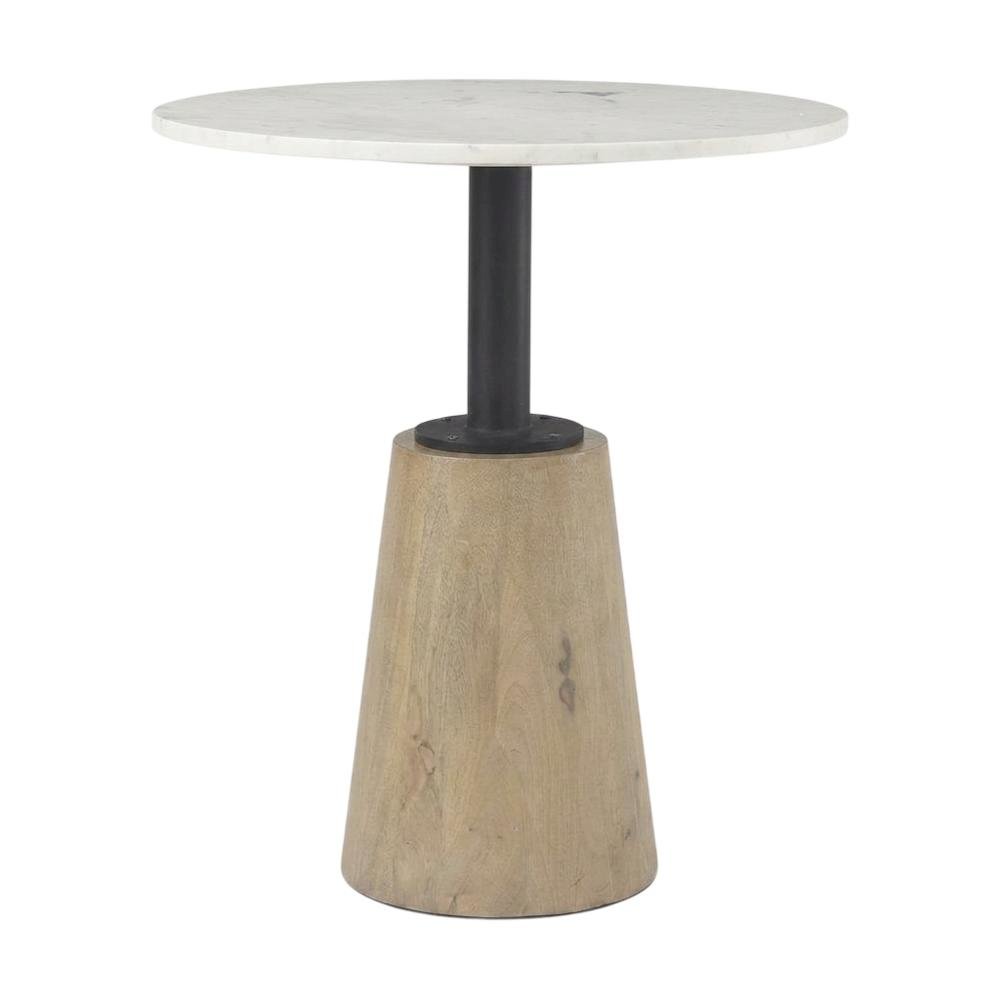 Round marble tabletop with blonde wood and black metal base bistro table. Picture 5