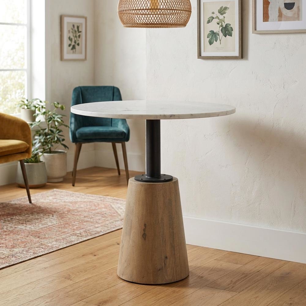 Round marble tabletop with blonde wood and black metal base bistro table. Picture 2