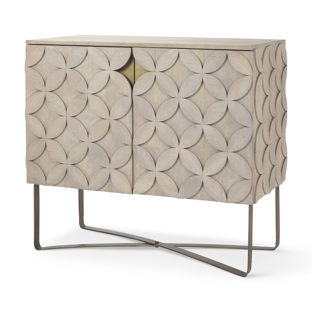 36.0L X 18.0W X 32.5H Light Brown Wood Gold Iron Base Accent Cabinet. Picture 1
