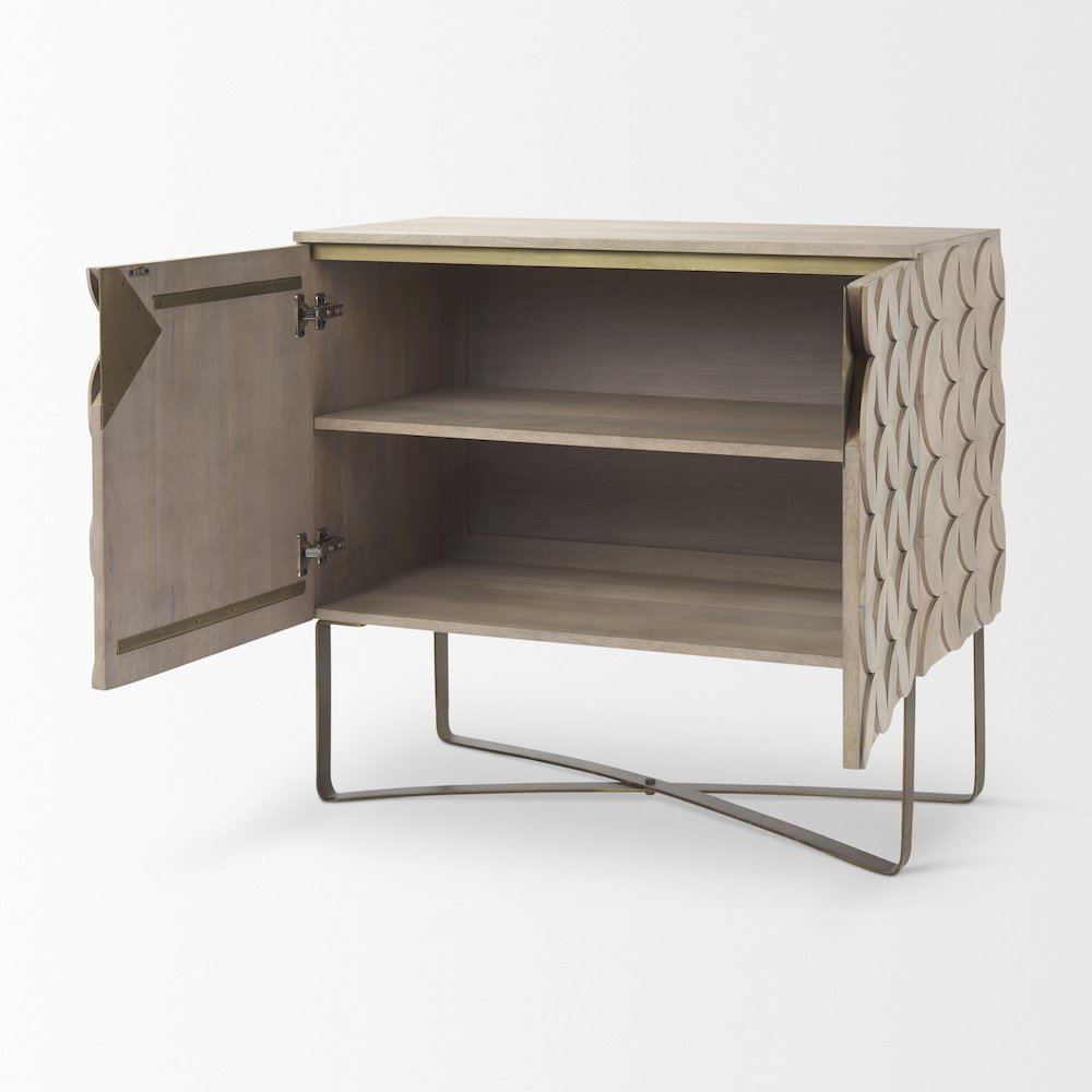36.0L X 18.0W X 32.5H Light Brown Wood Gold Iron Base Accent Cabinet. Picture 10