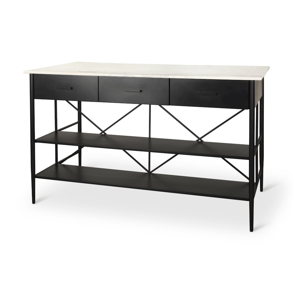 Amika White Marble Top Black Metal Base Kitchen Island. Picture 1