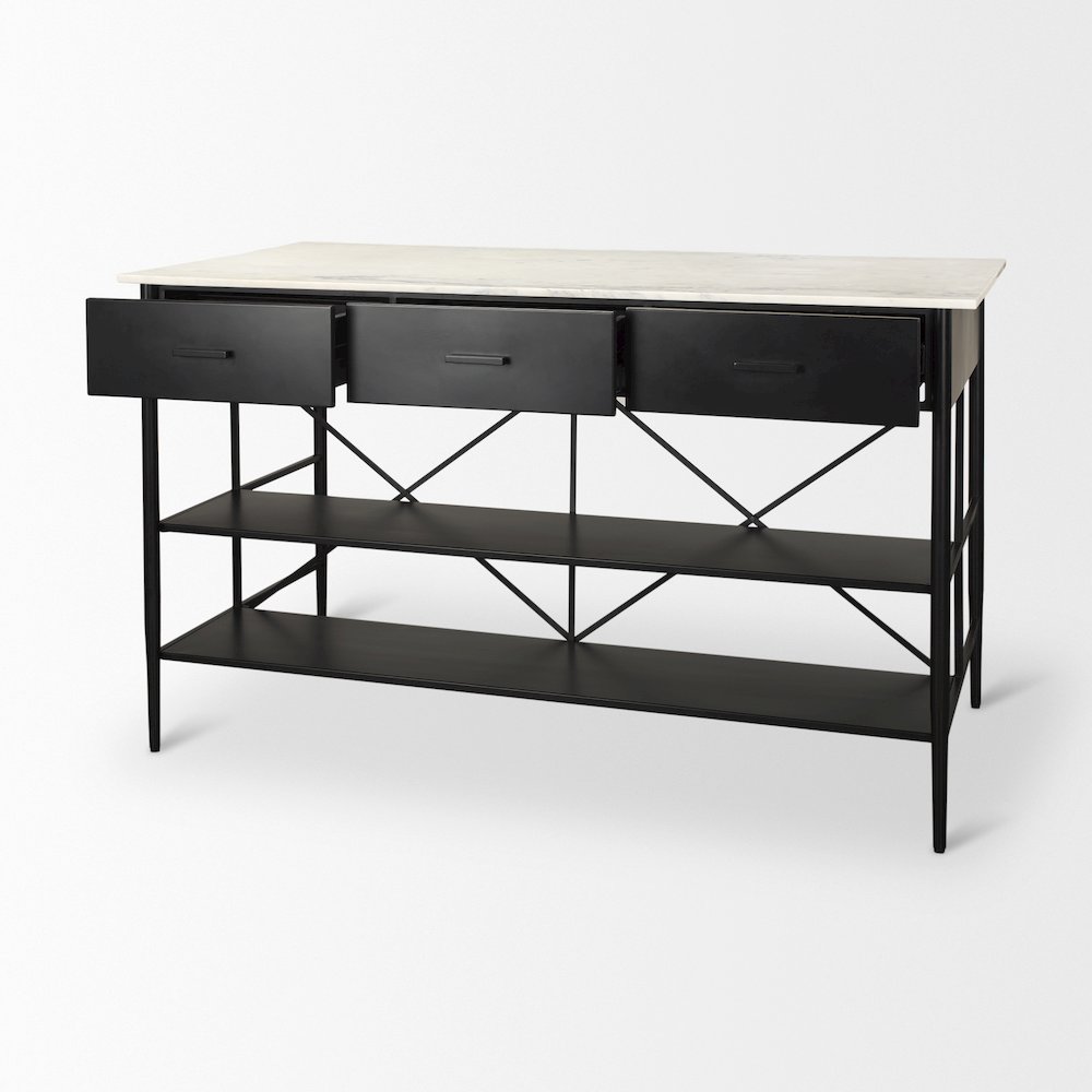 Amika White Marble Top Black Metal Base Kitchen Island. Picture 2