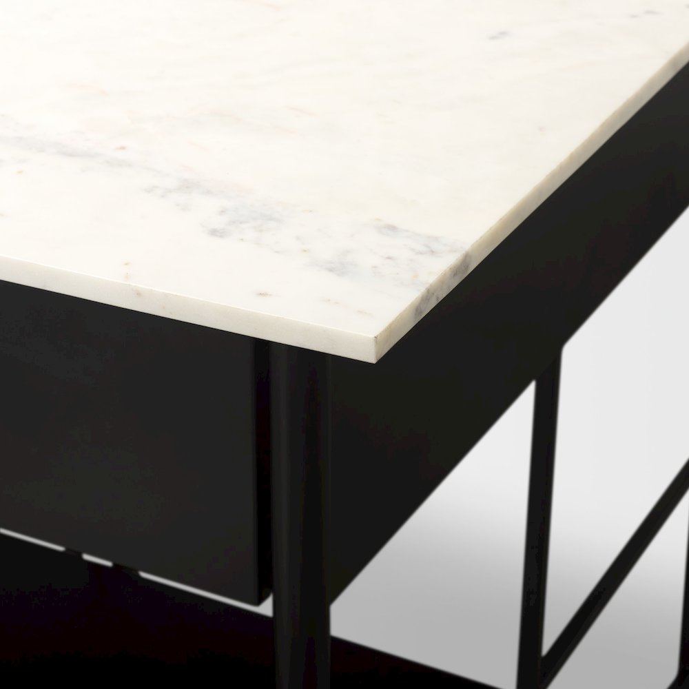 Amika White Marble Top Black Metal Base Kitchen Island. Picture 3