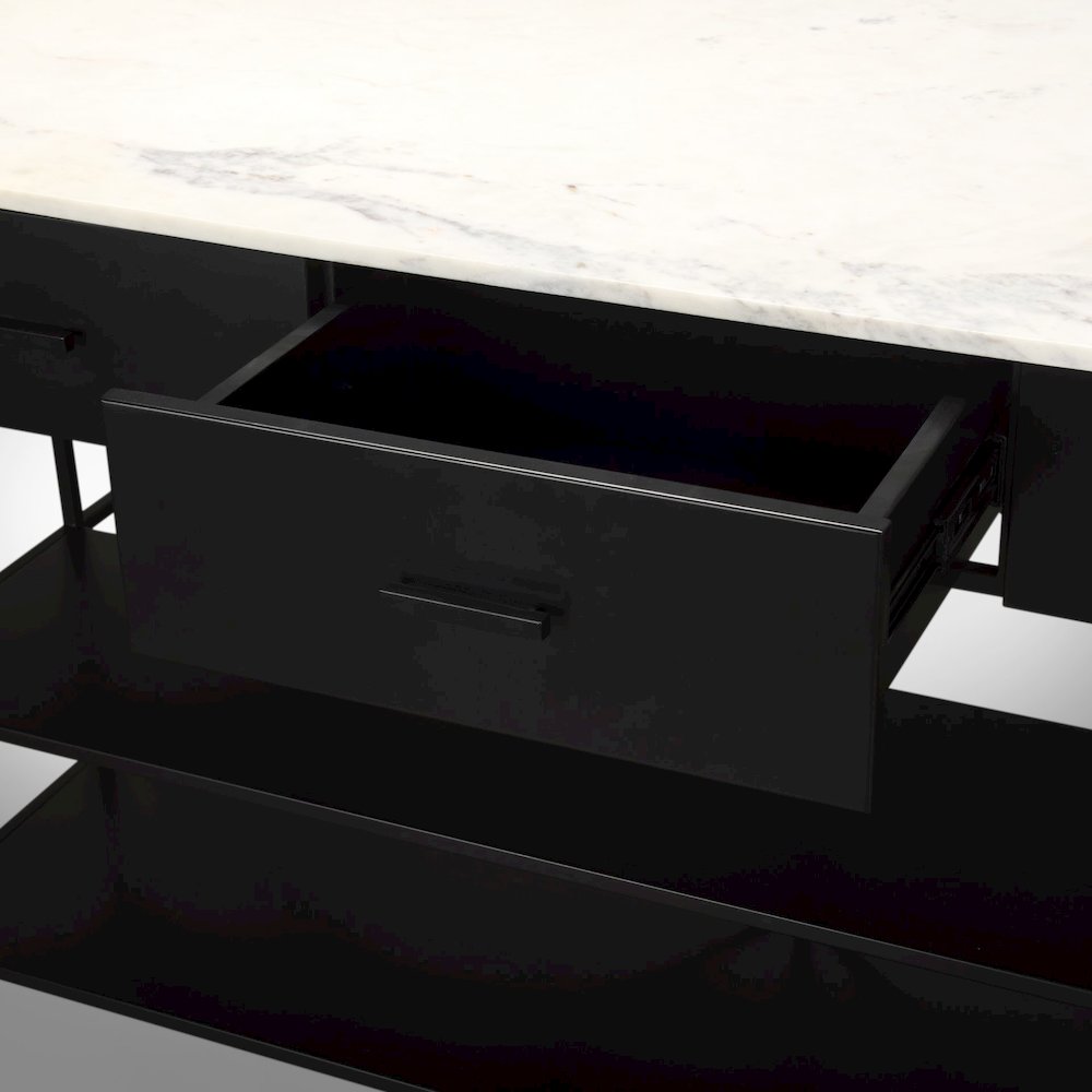 Amika White Marble Top Black Metal Base Kitchen Island. Picture 4