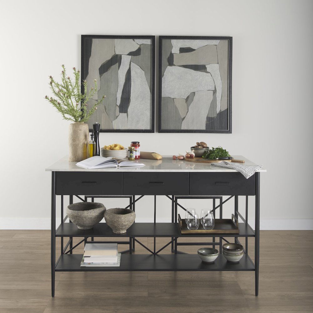 Amika White Marble Top Black Metal Base Kitchen Island. Picture 7