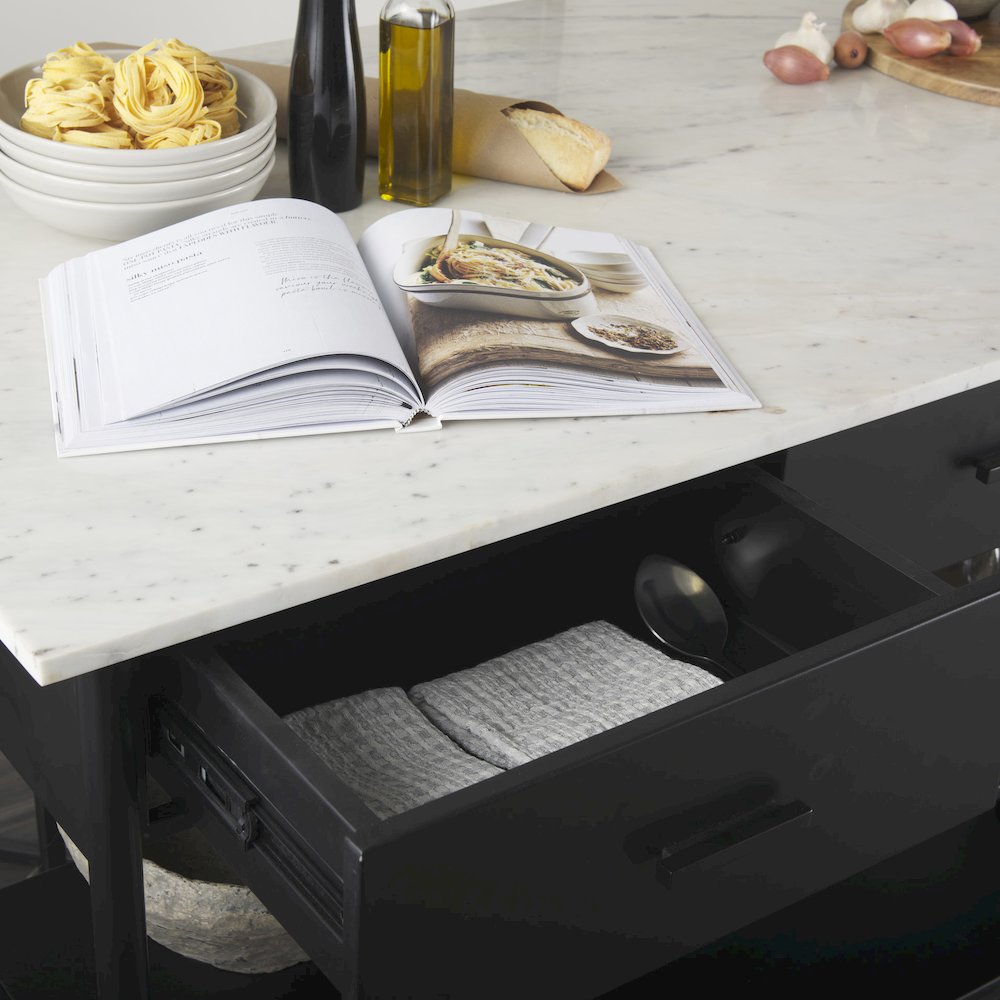 Amika White Marble Top Black Metal Base Kitchen Island. Picture 8