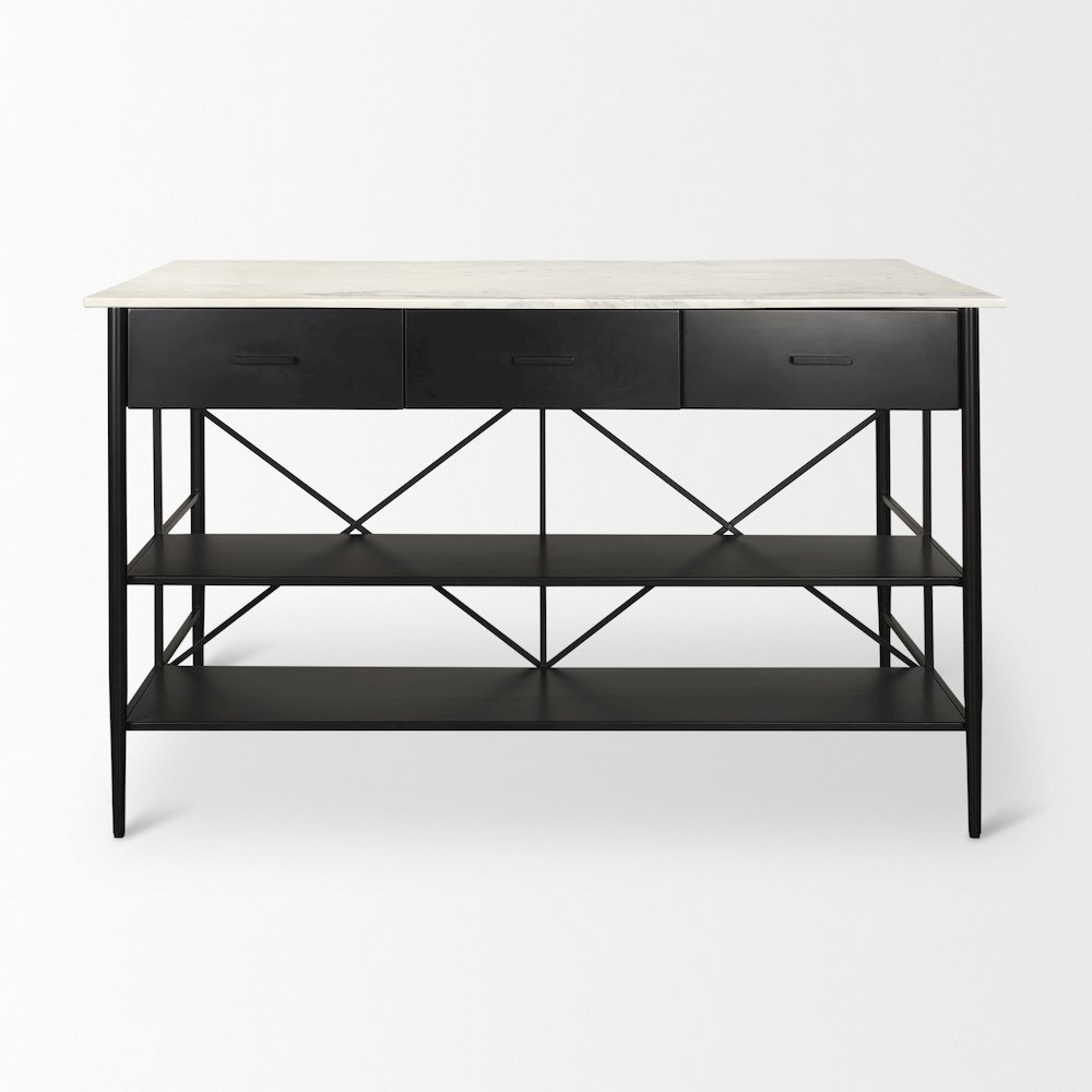 Amika White Marble Top Black Metal Base Kitchen Island. Picture 10