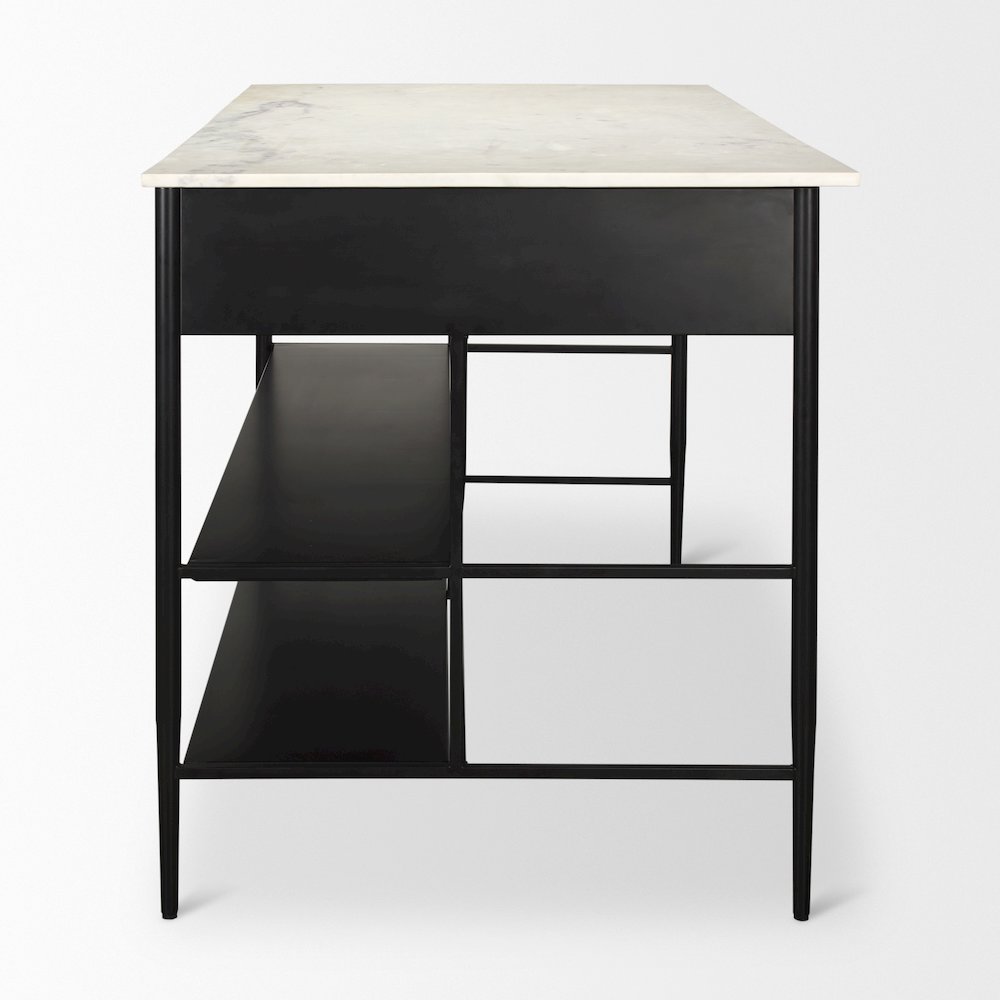 Amika White Marble Top Black Metal Base Kitchen Island. Picture 11