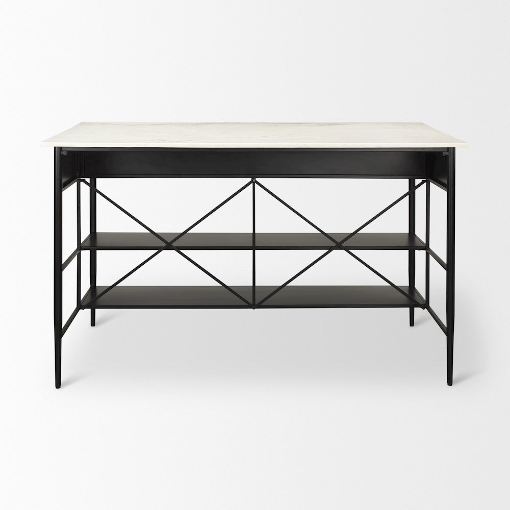 Amika White Marble Top Black Metal Base Kitchen Island. Picture 12