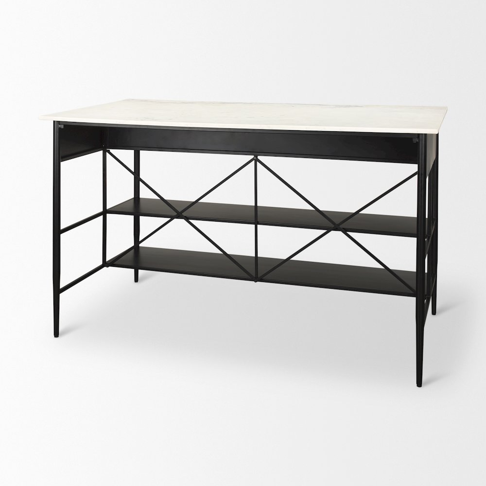 Amika White Marble Top Black Metal Base Kitchen Island. Picture 13