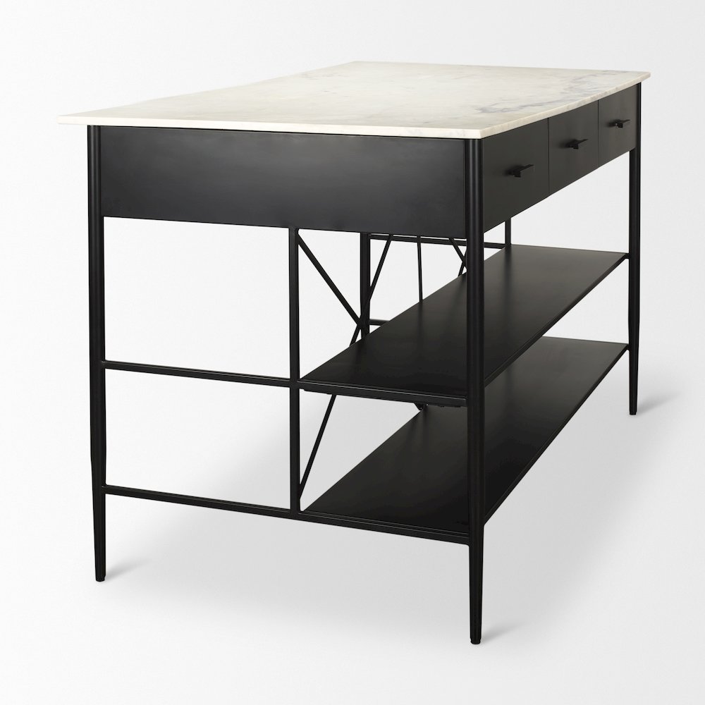 Amika White Marble Top Black Metal Base Kitchen Island. Picture 14