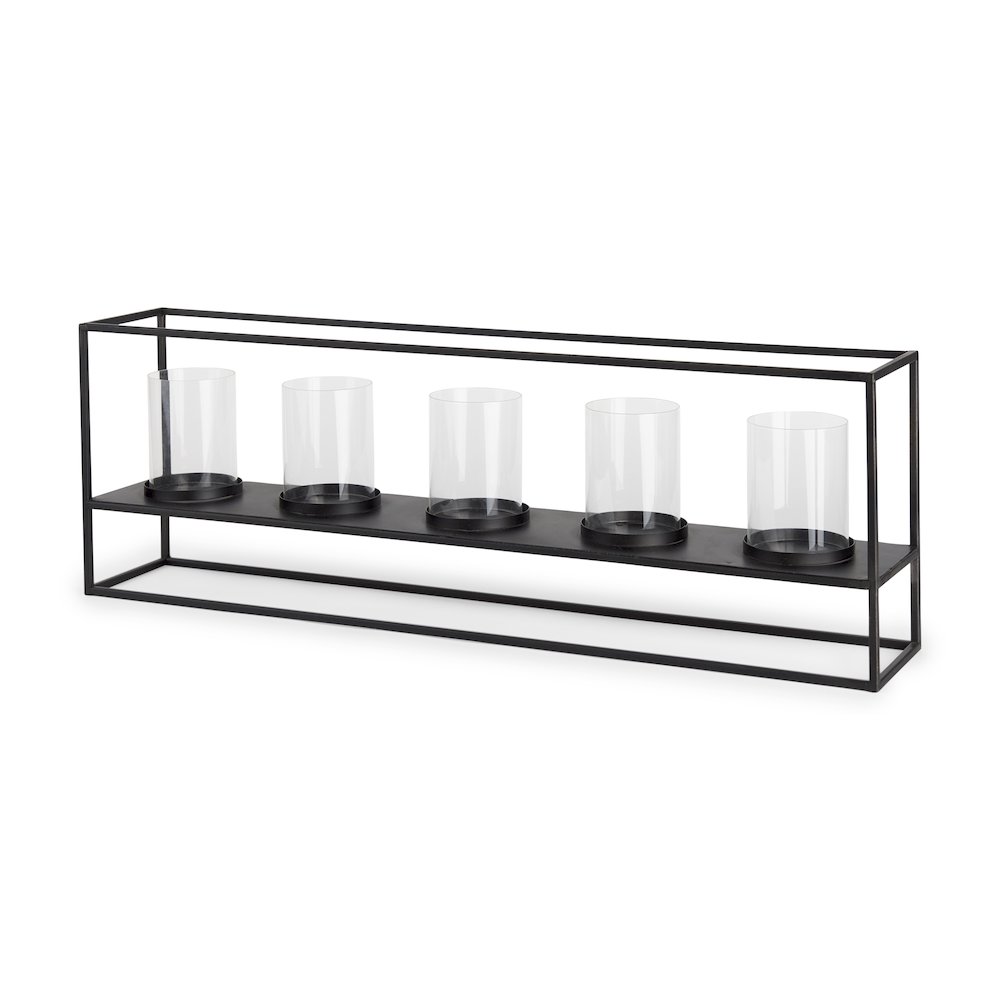 Cindy 5 Candle Matte Black Metal Hurricane Glass Tabletop Candle Holder. Picture 1