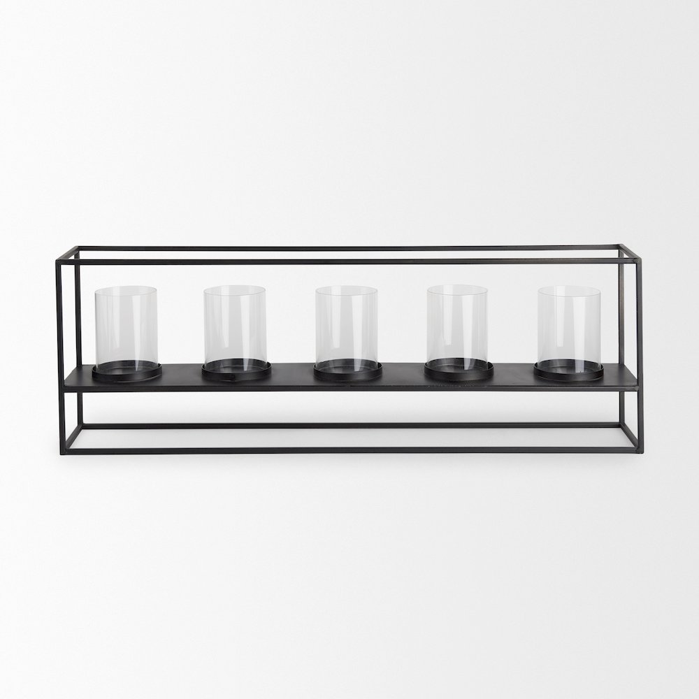 Cindy 5 Candle Matte Black Metal Hurricane Glass Tabletop Candle Holder. Picture 3