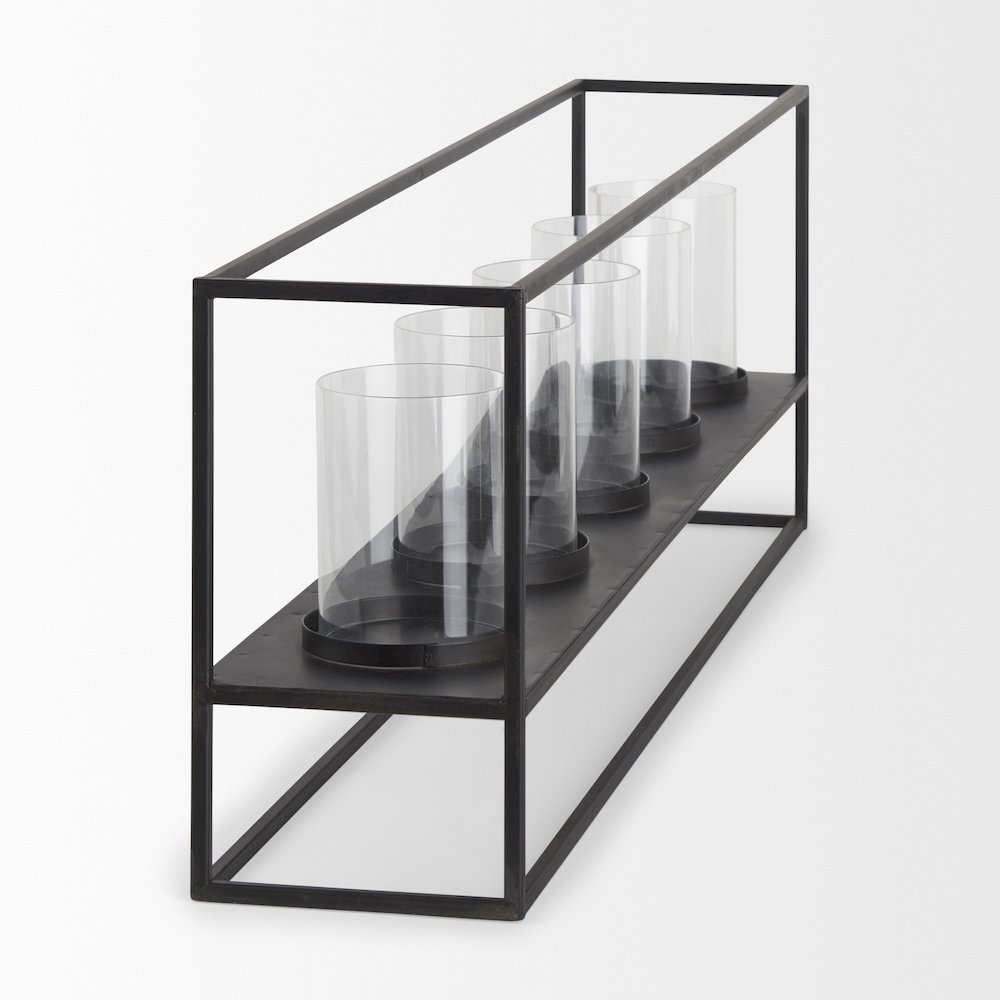 Cindy 5 Candle Matte Black Metal Hurricane Glass Tabletop Candle Holder. Picture 5
