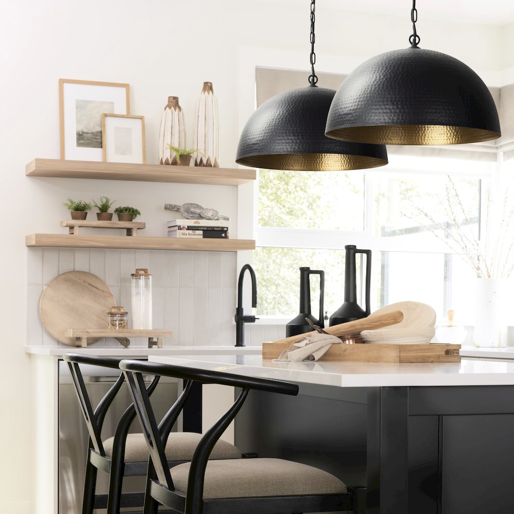 Karina 24" Round Matte Black Hammered Metal Dome Pendant Light. Picture 2