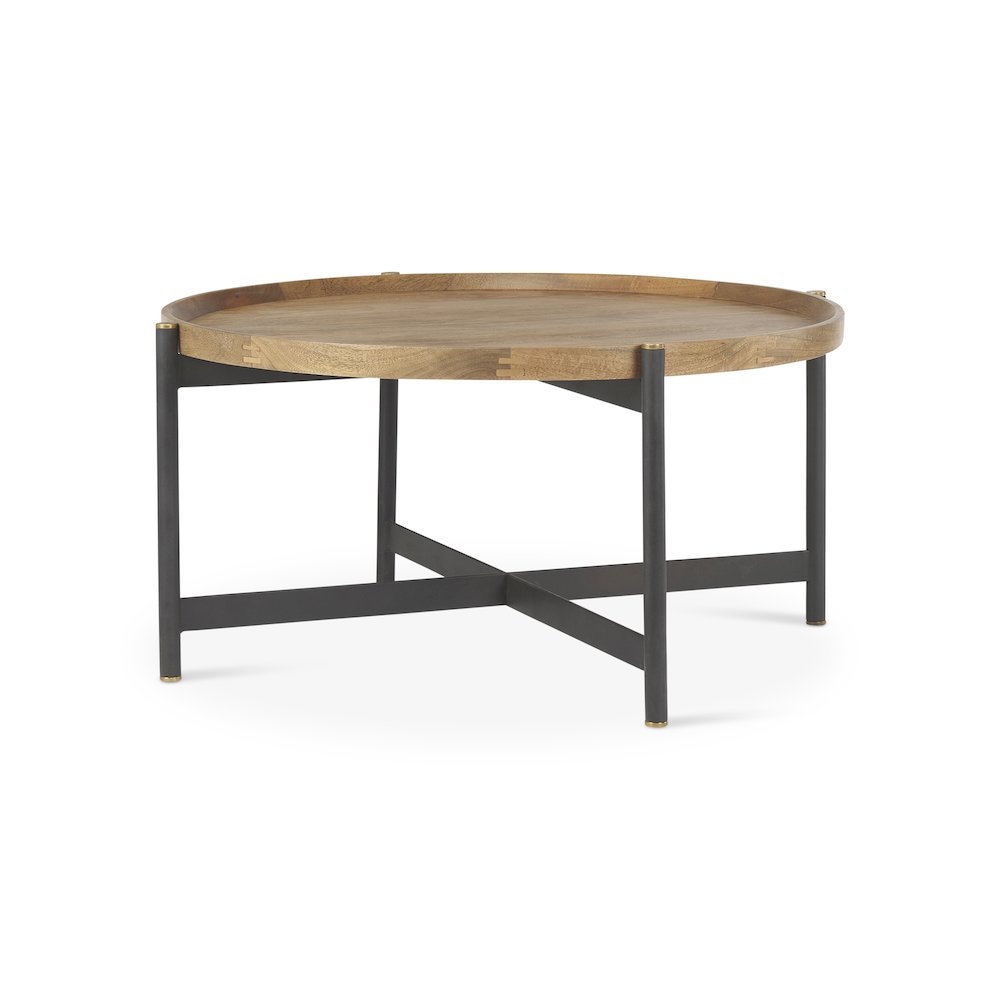 34.25L X 34.25W X 16.5H Small Brown Wood Black Metal Coffee Table. Picture 1
