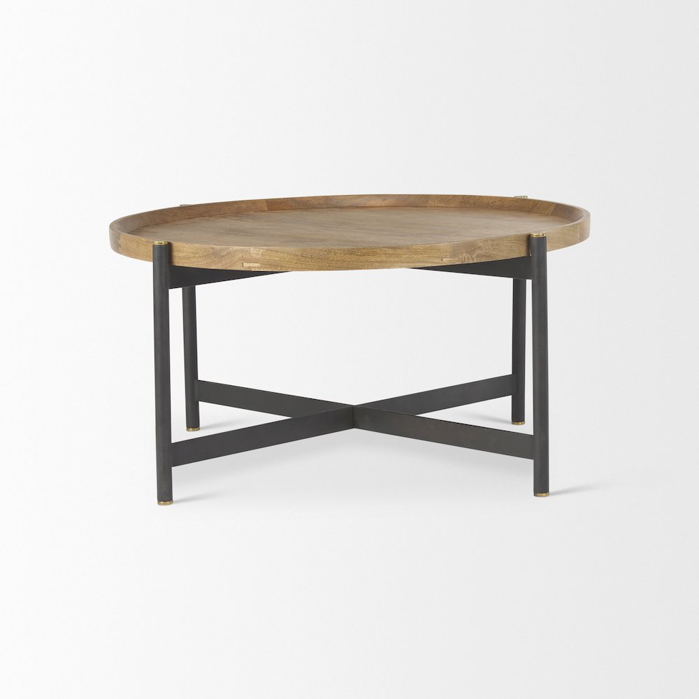 34.25L X 34.25W X 16.5H Small Brown Wood Black Metal Coffee Table. Picture 5