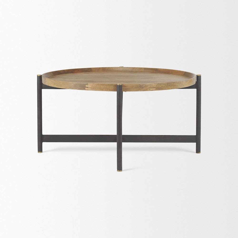 34.25L X 34.25W X 16.5H Small Brown Wood Black Metal Coffee Table. Picture 6