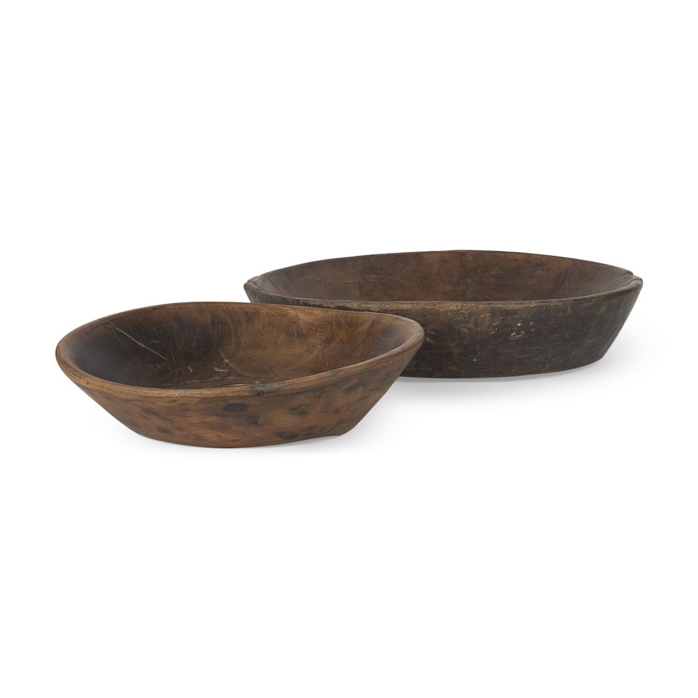 Set Of 2 Large Medium Brown Reclaimed Wood Bowls. Picture 1