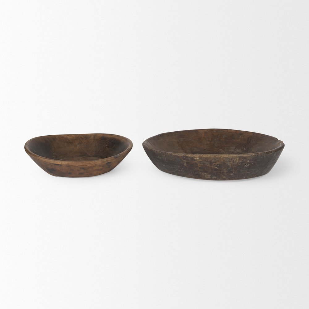 Set Of 2 Large Medium Brown Reclaimed Wood Bowls. Picture 2