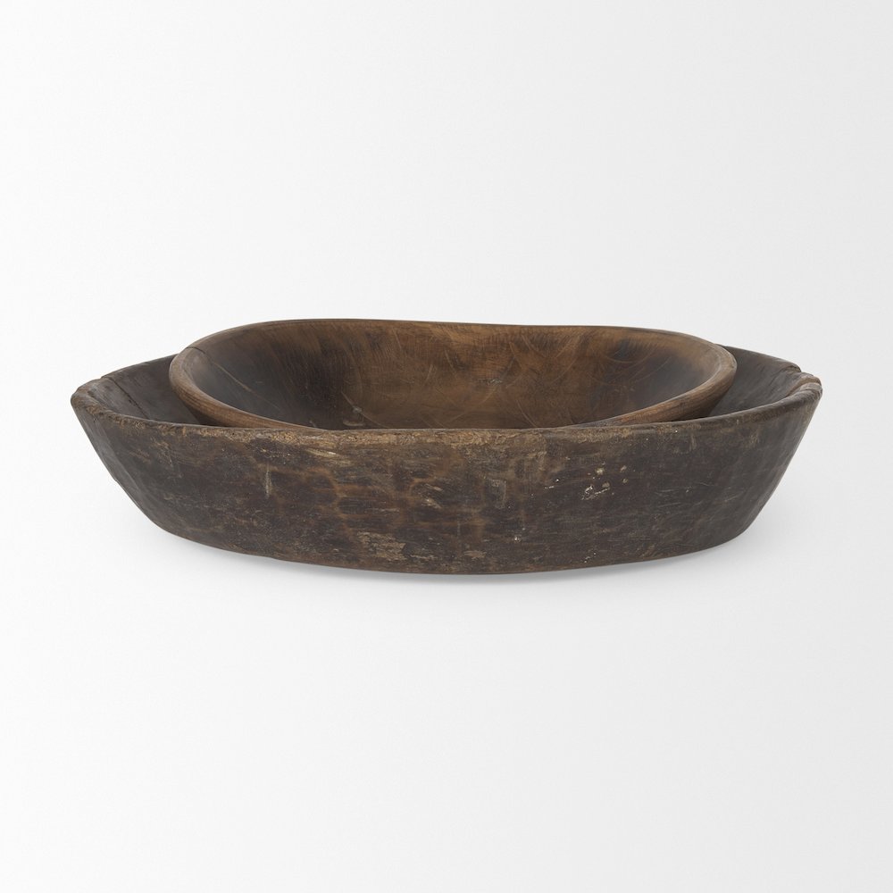 Set Of 2 Large Medium Brown Reclaimed Wood Bowls. Picture 3