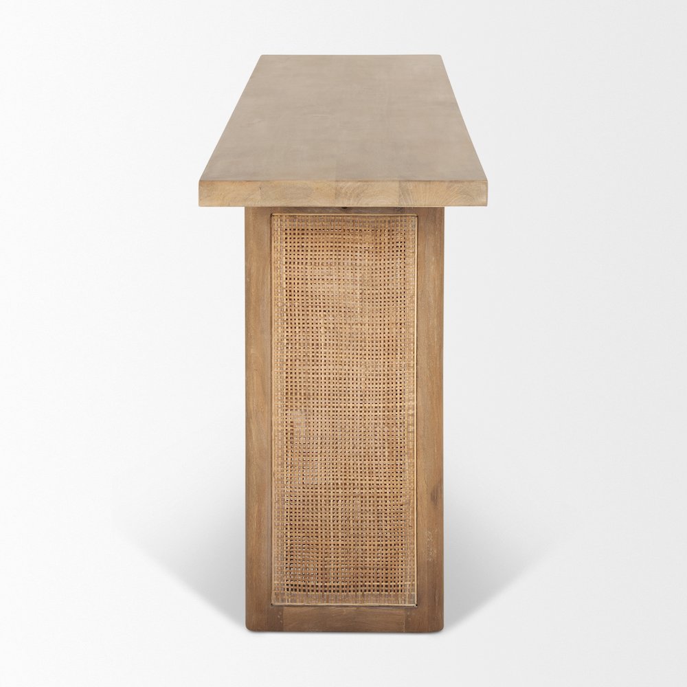Light Brown Solid Wood Cane Accent Console Table. Picture 4