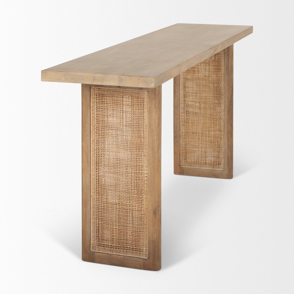 Light Brown Solid Wood Cane Accent Console Table. Picture 5