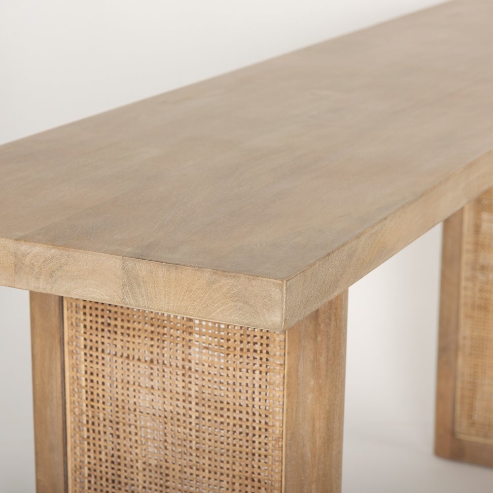 Light Brown Solid Wood Cane Accent Console Table. Picture 6