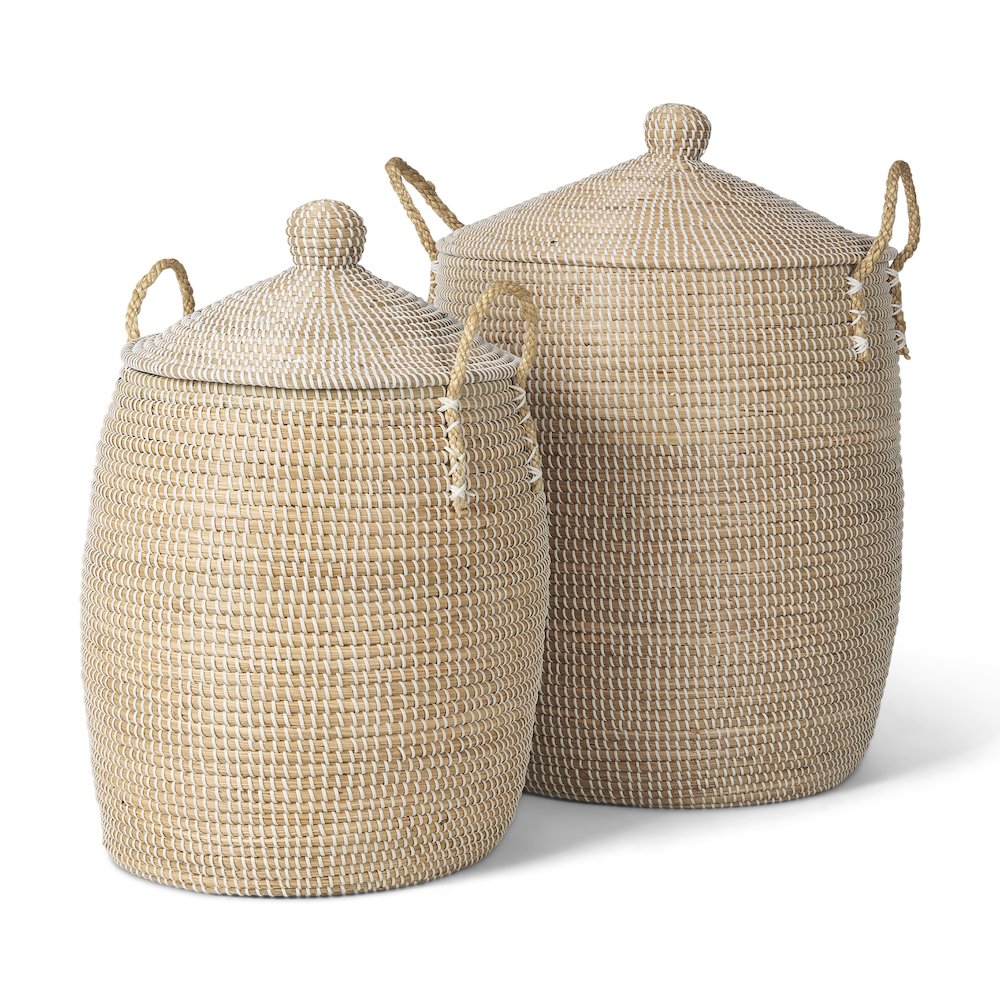 Set Of 2 Seagrass Floor Baskets Lids And Handles. Picture 1