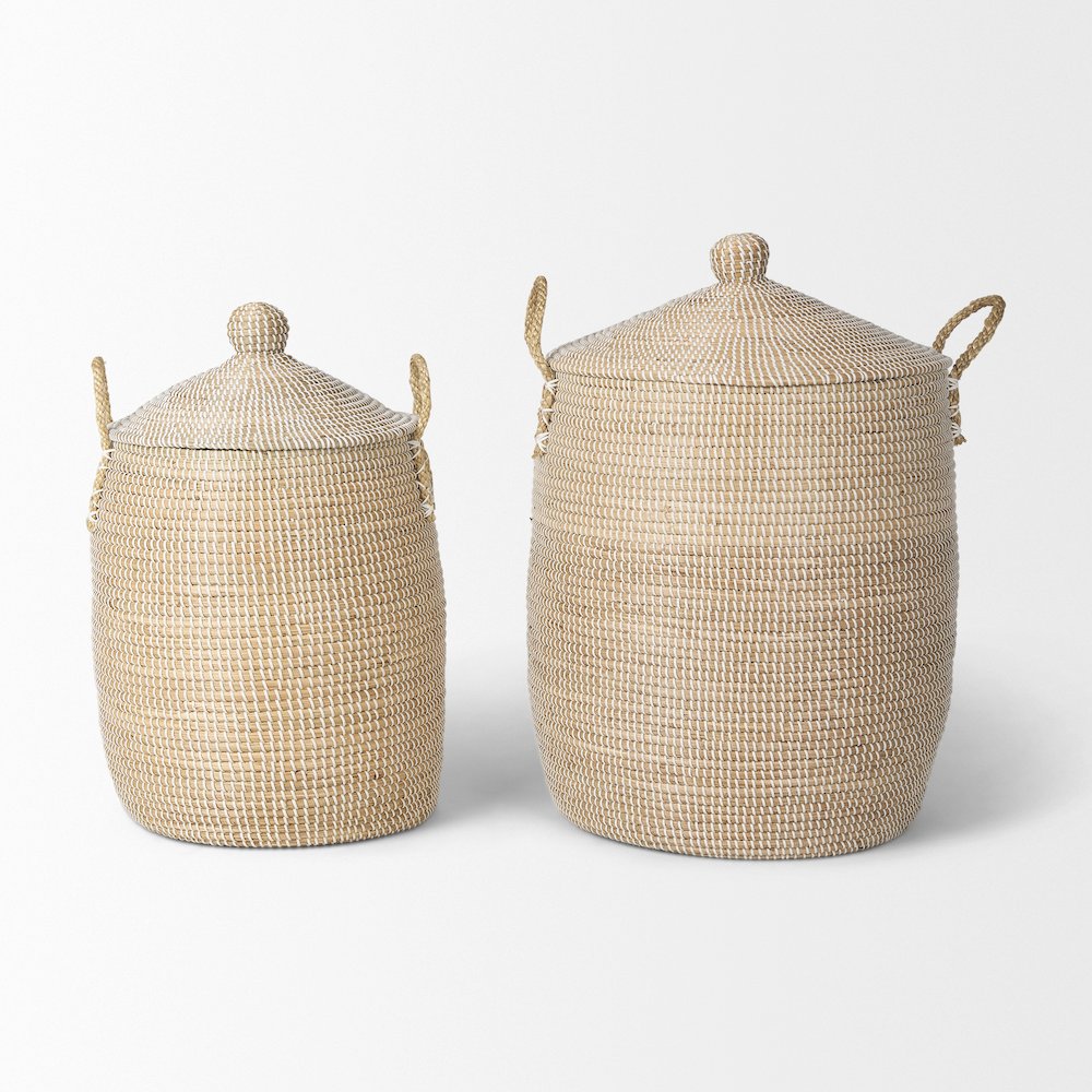Set Of 2 Seagrass Floor Baskets Lids And Handles. Picture 6