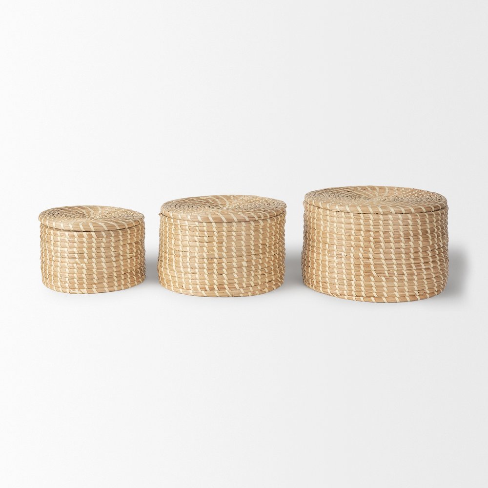 Set Of 3 Nesting Seagrass & Palm Leaf Boxes With Lids. Picture 2
