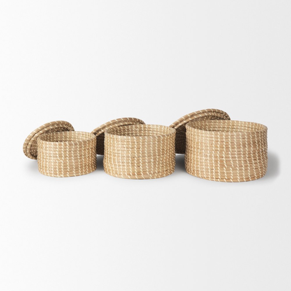 Set Of 3 Nesting Seagrass & Palm Leaf Boxes With Lids. Picture 3
