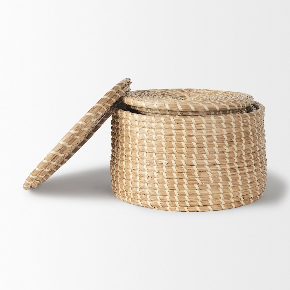 Set Of 3 Nesting Seagrass & Palm Leaf Boxes With Lids. Picture 4