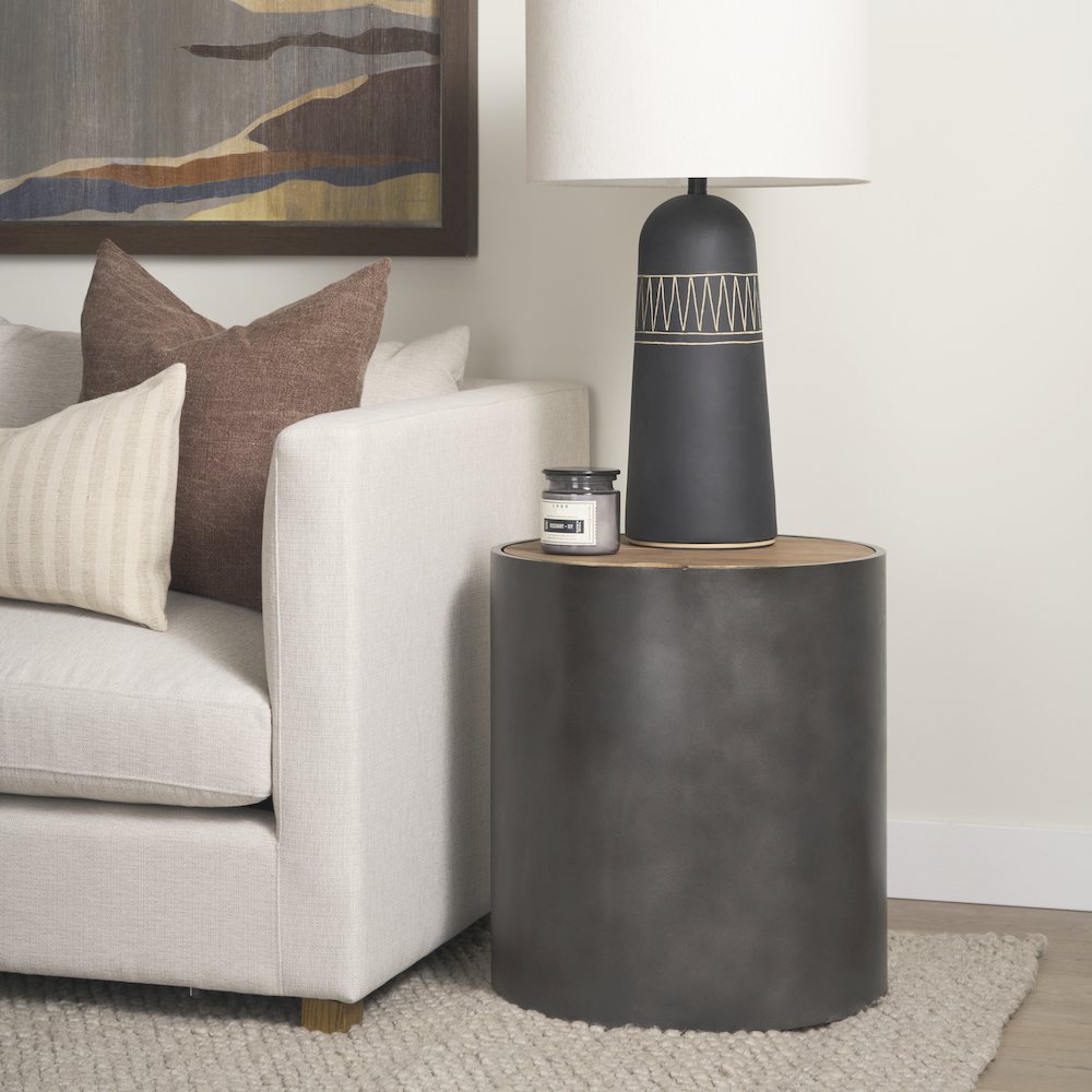 Eclipse Gunmetal Gray Drum Base Brown Wood Top End/Side Table. Picture 3