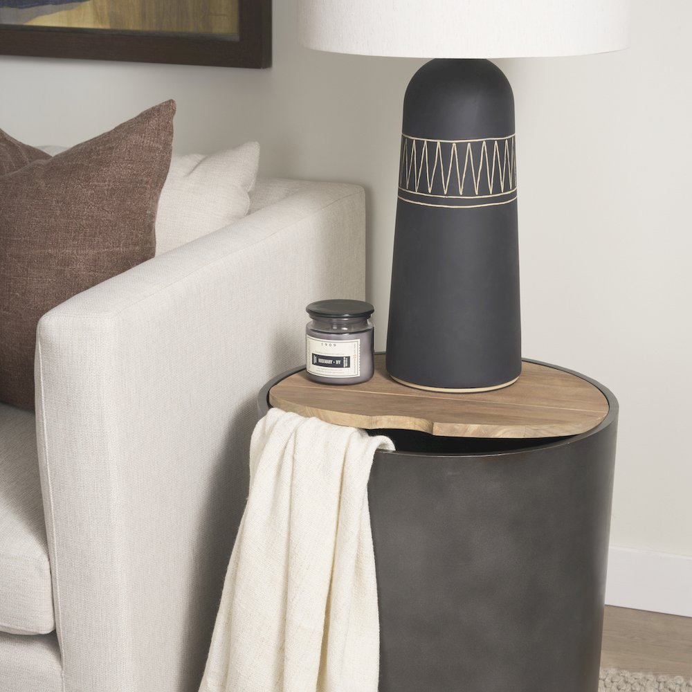 Eclipse Gunmetal Gray Drum Base Brown Wood Top End/Side Table. Picture 4