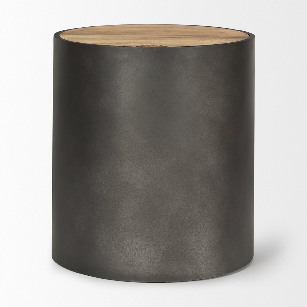 Eclipse Gunmetal Gray Drum Base Brown Wood Top End/Side Table. Picture 7