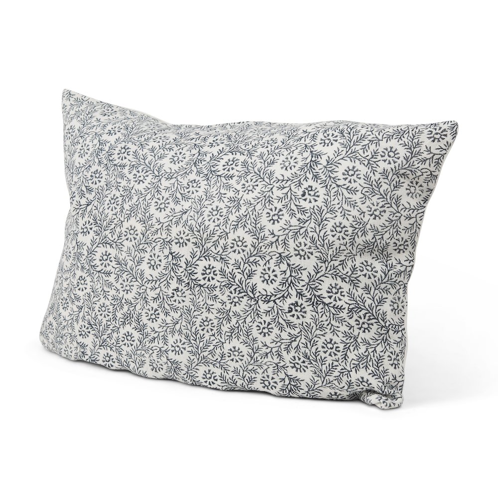 Cream Indigo Print Linen Lumbar Decorative Pillow Cover. Picture 1