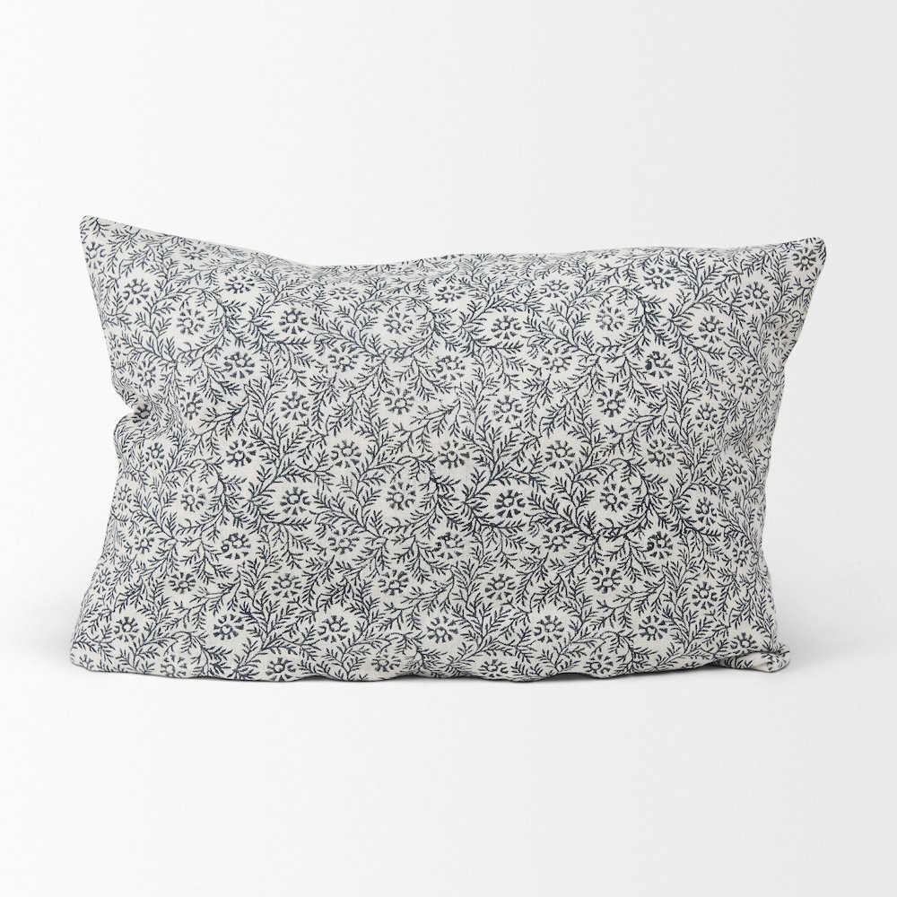 Cream Indigo Print Linen Lumbar Decorative Pillow Cover. Picture 3