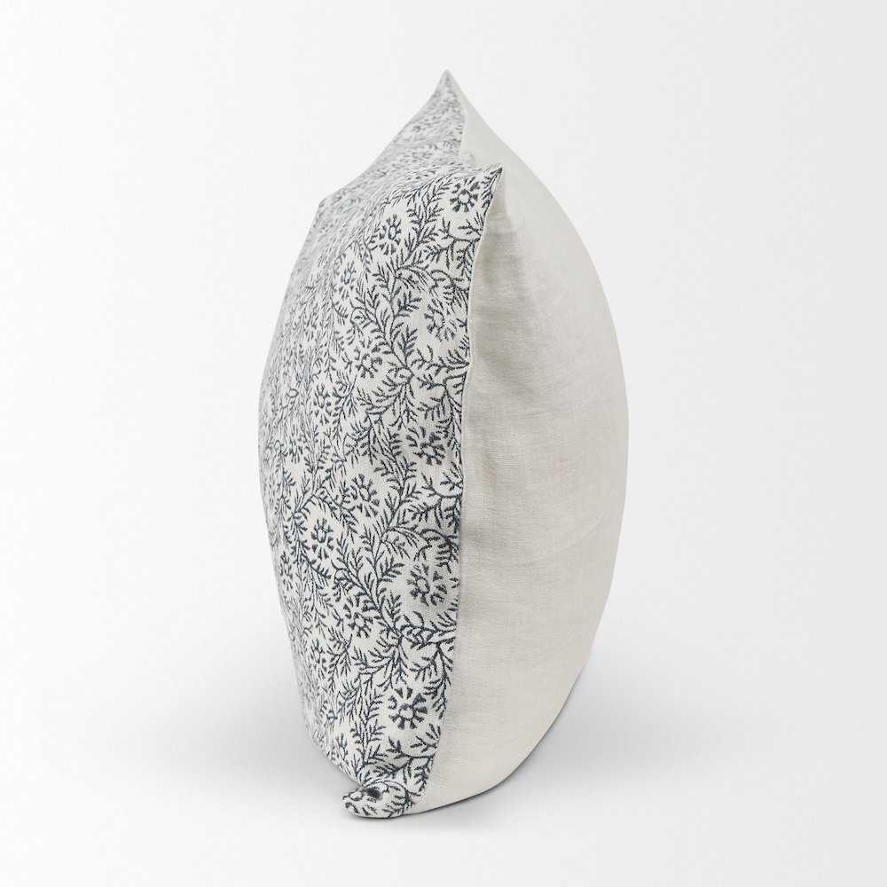 Cream Indigo Print Linen Lumbar Decorative Pillow Cover. Picture 4